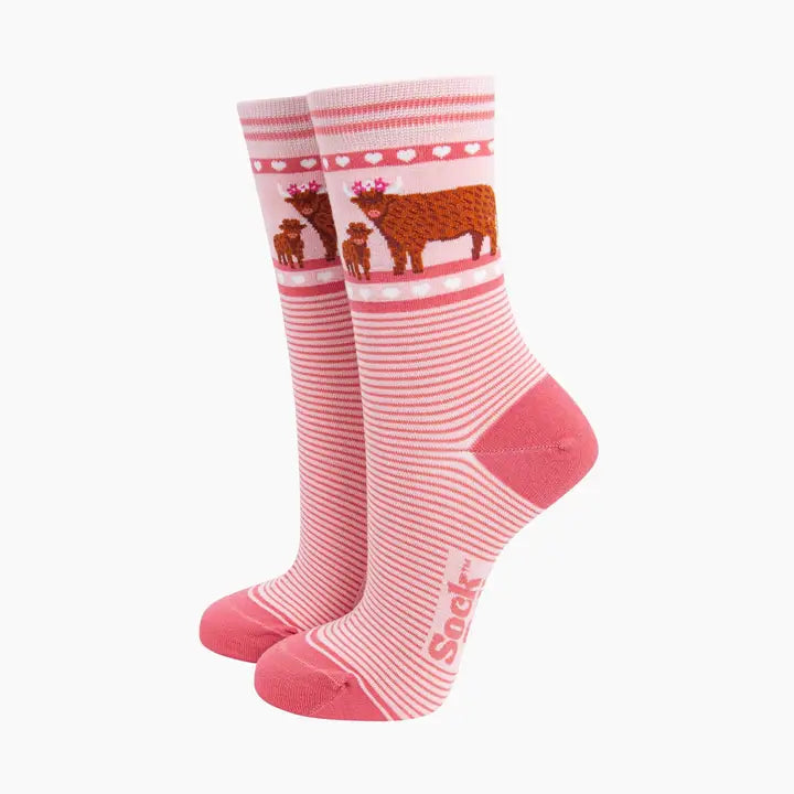 Highland Cow Calf Striped Bamboo Socks in Pink