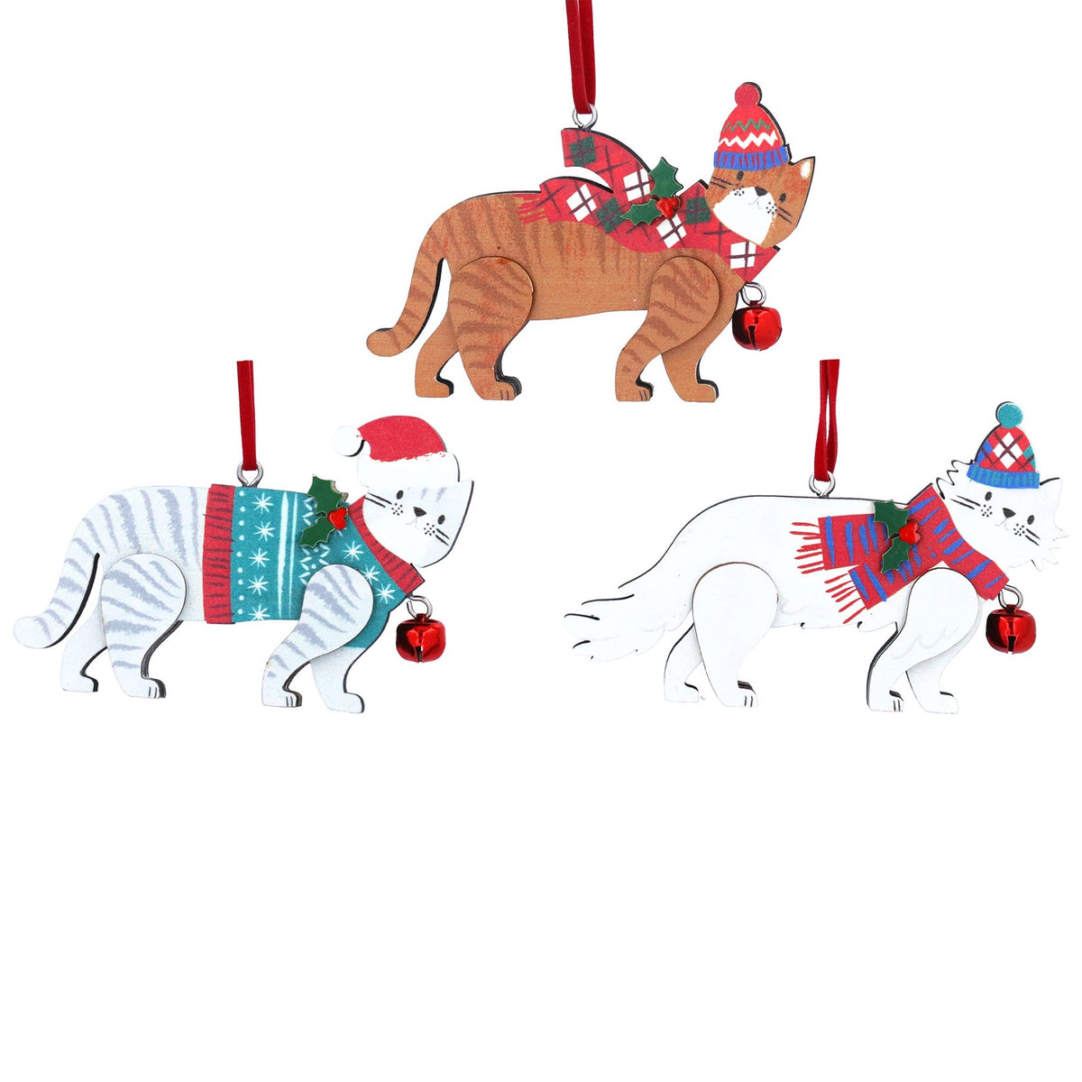 Wooden Cat with Bell Tree Decoration
