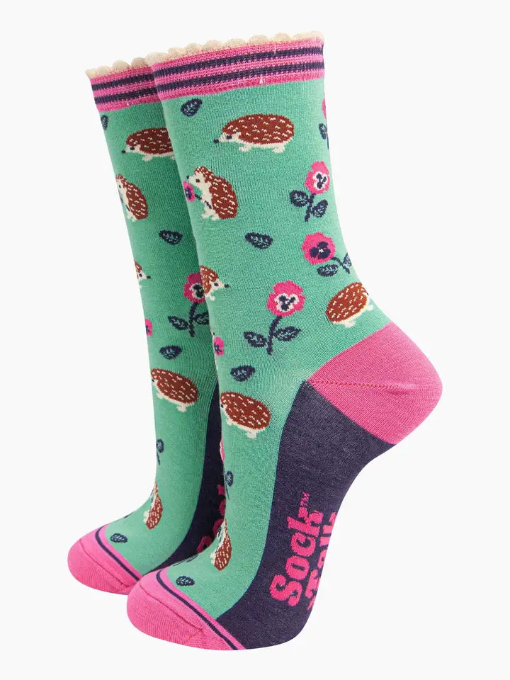 Women's Bamboo Socks - Mint, Hedgehog and Pansies