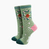 Highland Cow Floral Wreath Bamboo Socks in Green