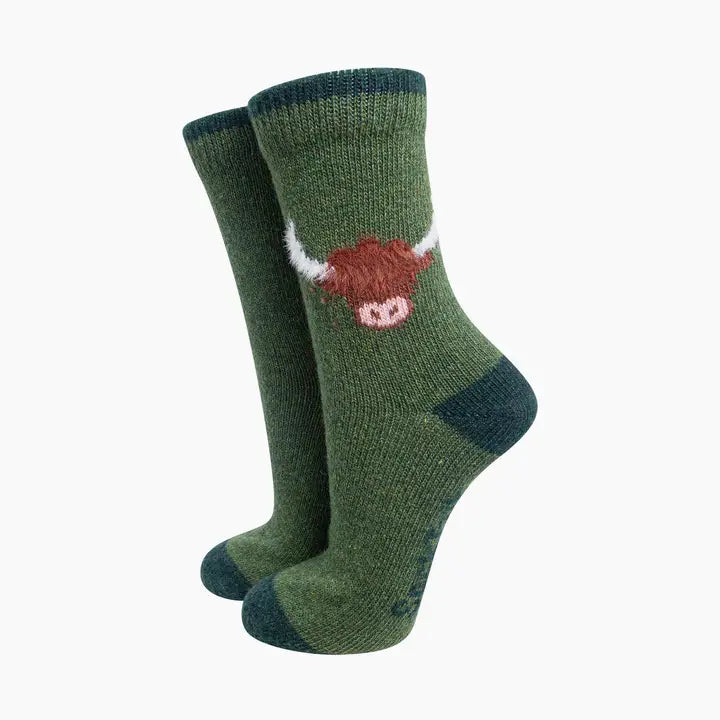 Highland Cow Wool Fluffy Element Socks in Green