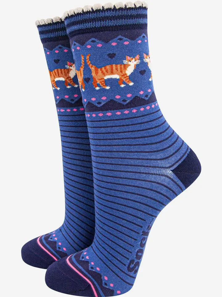 Women's Bamboo Socks - Denim Blue/Navy Blue, Ginger Cats