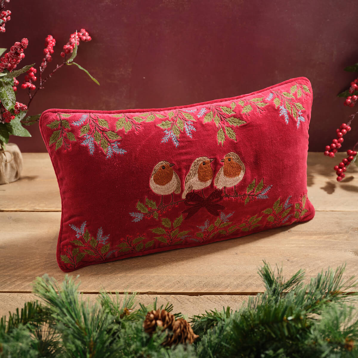 Triple Robin Embroidered Cotton Velvet Cushion