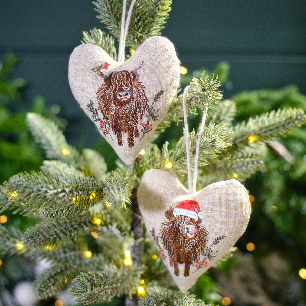 Frosted Highland Cow Embroidered Heart Hanger