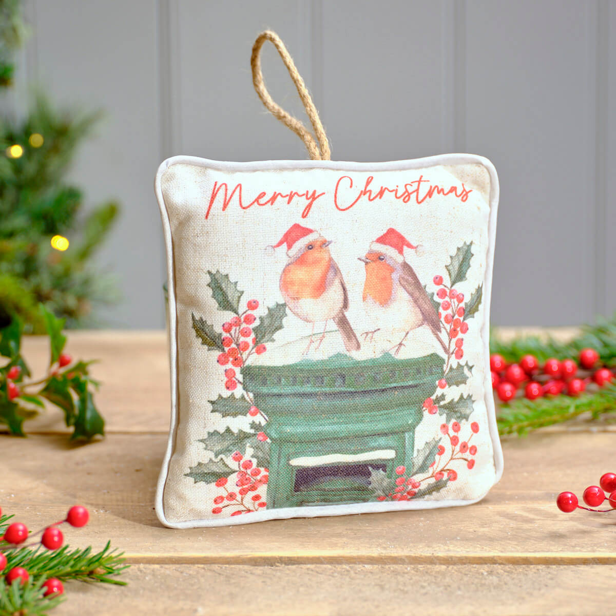 Festive Robin Merry Christmas Printed Hanging Cushion