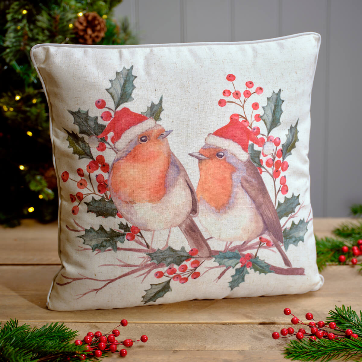 Festive Robin with Holly Small Cushion