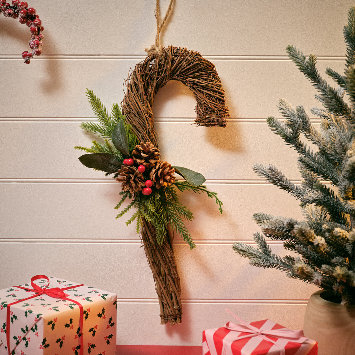 Twig Candy Cane with Faux Foliage Hanger