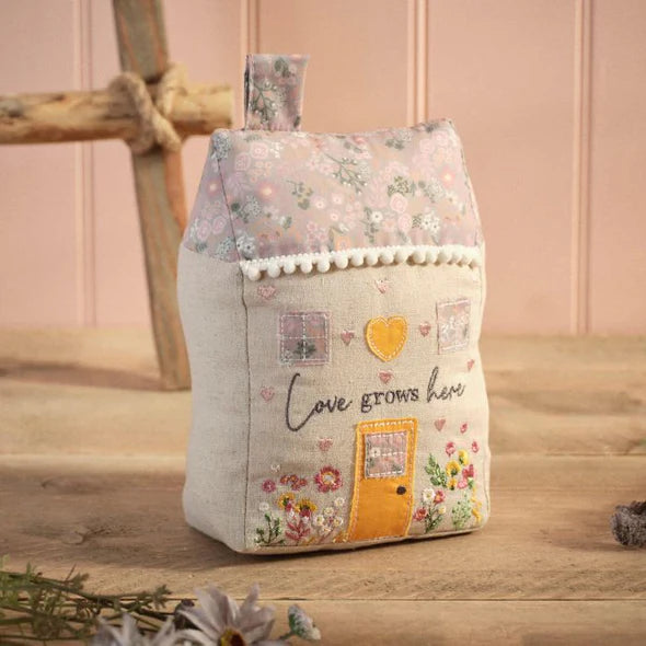 Ditsy Floral 'Love Grows Here' Fabric House Shaped Doorstop