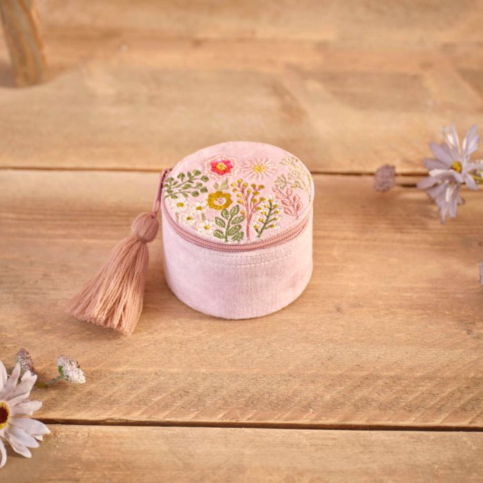 Ditsy Floral Velvet Embroidery Round Jewellery Box