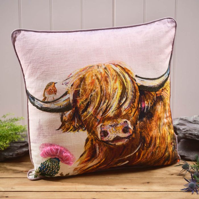 Highland Cow with Thistle & Robin Embroidered Cushion