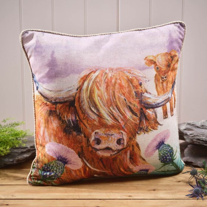 Highland Cow with Thistle Square Cushion