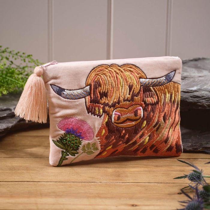 Highland Cow and Thistle Velvet Embroidery Pouch
