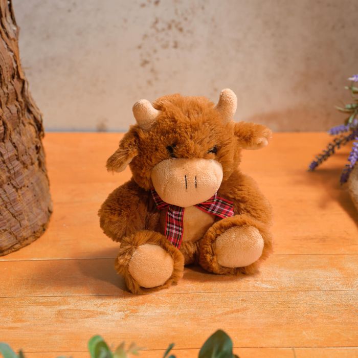 Small Plush Highland Cow With Tartan Bow and Mooing Sound