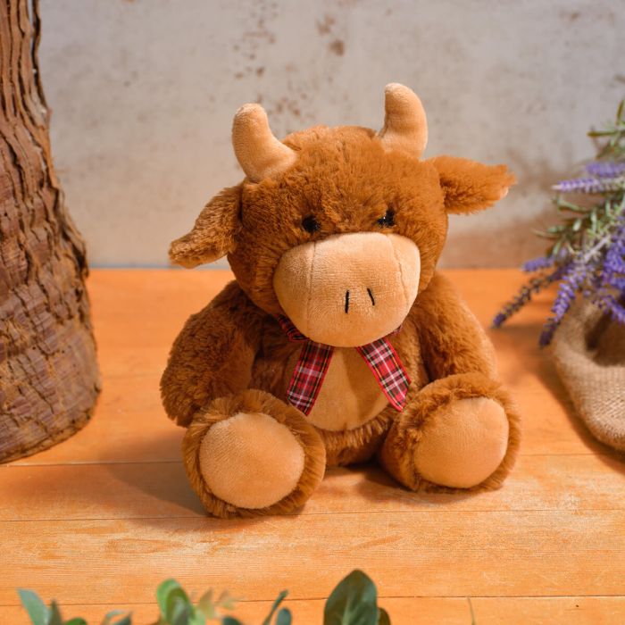 Large Plush Highland Cow With Tartan Bow and Mooing Sound