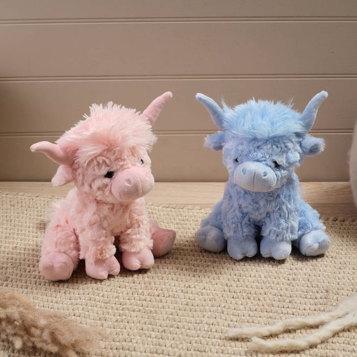 Plush Highland Cow Sitting - Pink & Blue