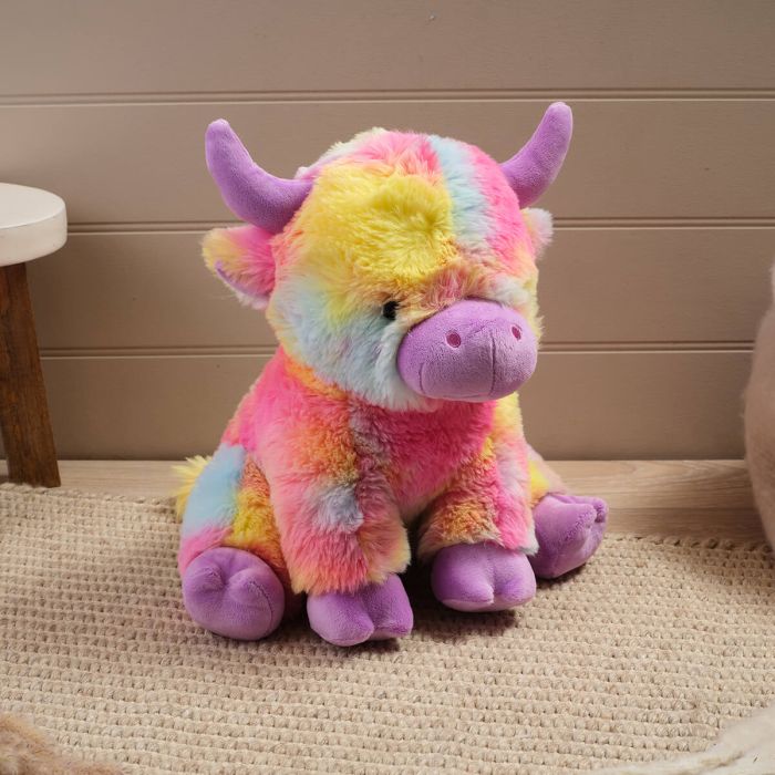 Plush Rainbow Highland Cow Sitting