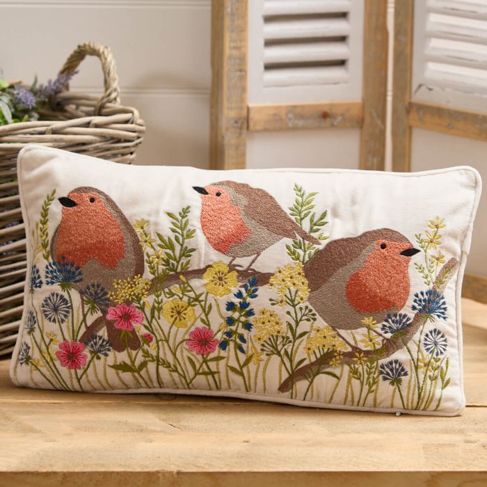 Robin Floral Embroidered 100% Cotton Velvet Cushion