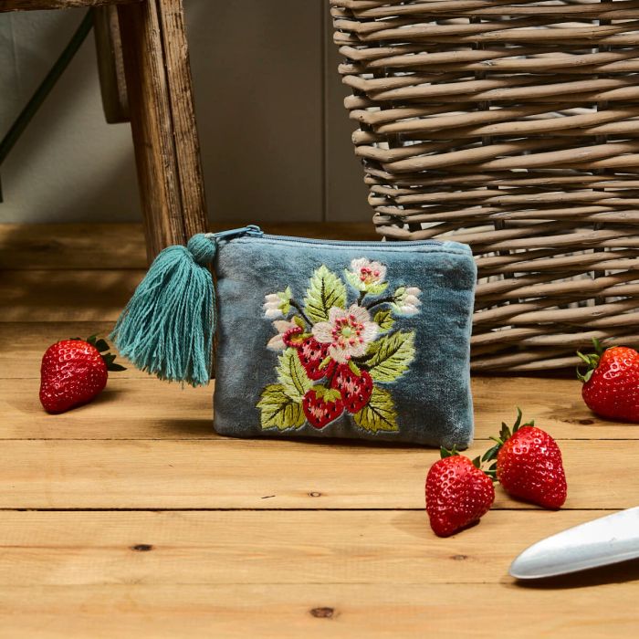 Strawberry Velvet Tassel Coin Purse with Embroidery and Beading Detail