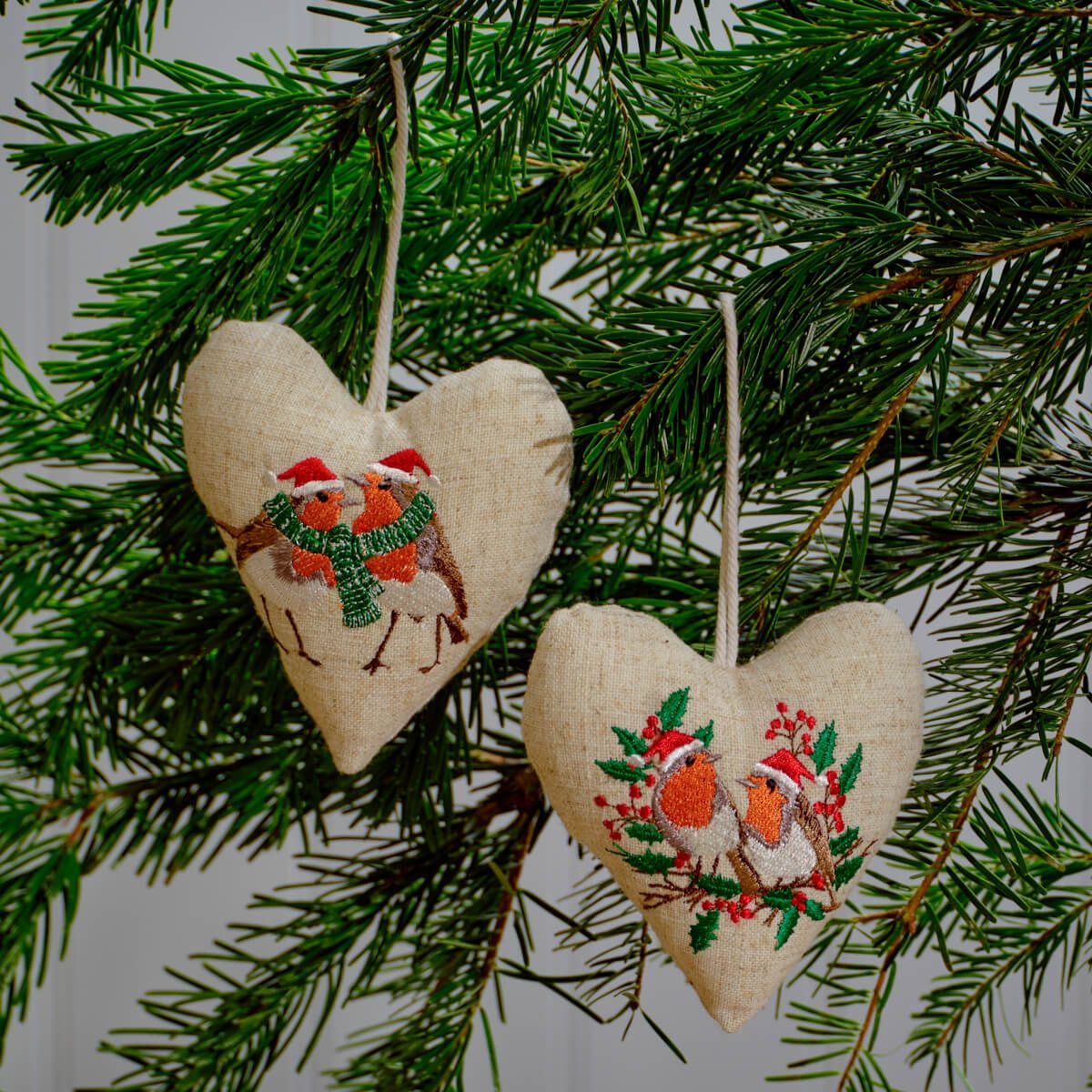 Christmas Robin Embroidered Fabric Hanging Heart
