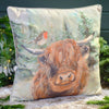 Frosted Highland Cow Cushion with Robin