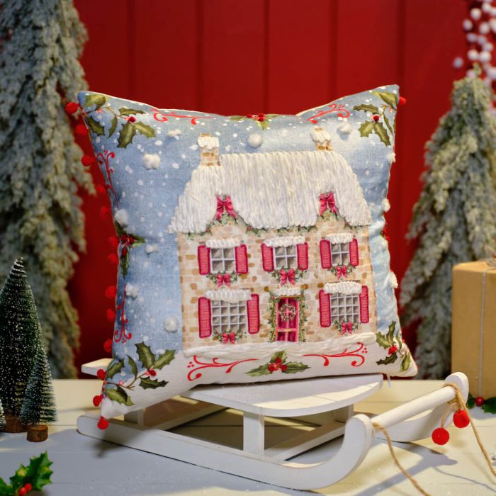 Christmas Cottage Embroidered Cushion with Pom Poms
