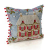 Christmas Cottage Embroidered Cushion with Pom Poms