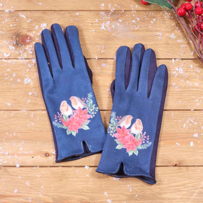 Festive Robin with Poinsettia Navy Gloves