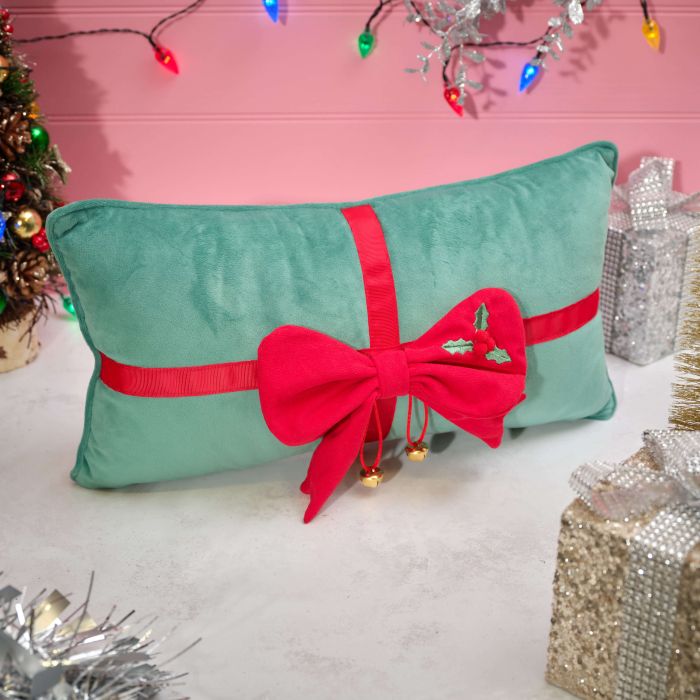 Merry Little Bows Fabric Bow Cushion With Bells