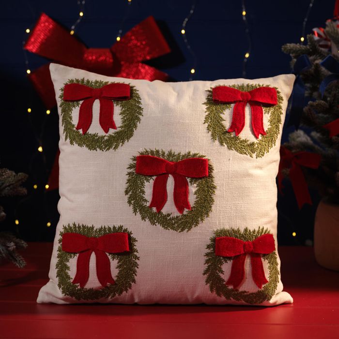 Wreath Embroidered Cushion with Applique Bows
