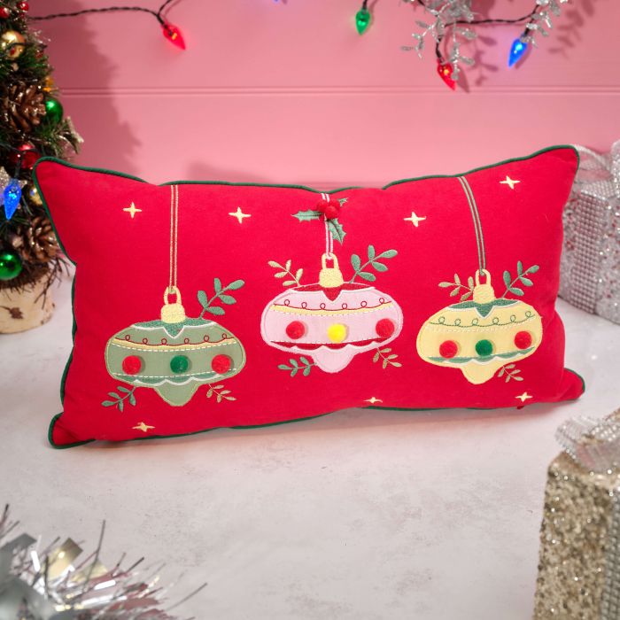 Rectangular Cushion with Baubles, Embroidery and Pom Poms