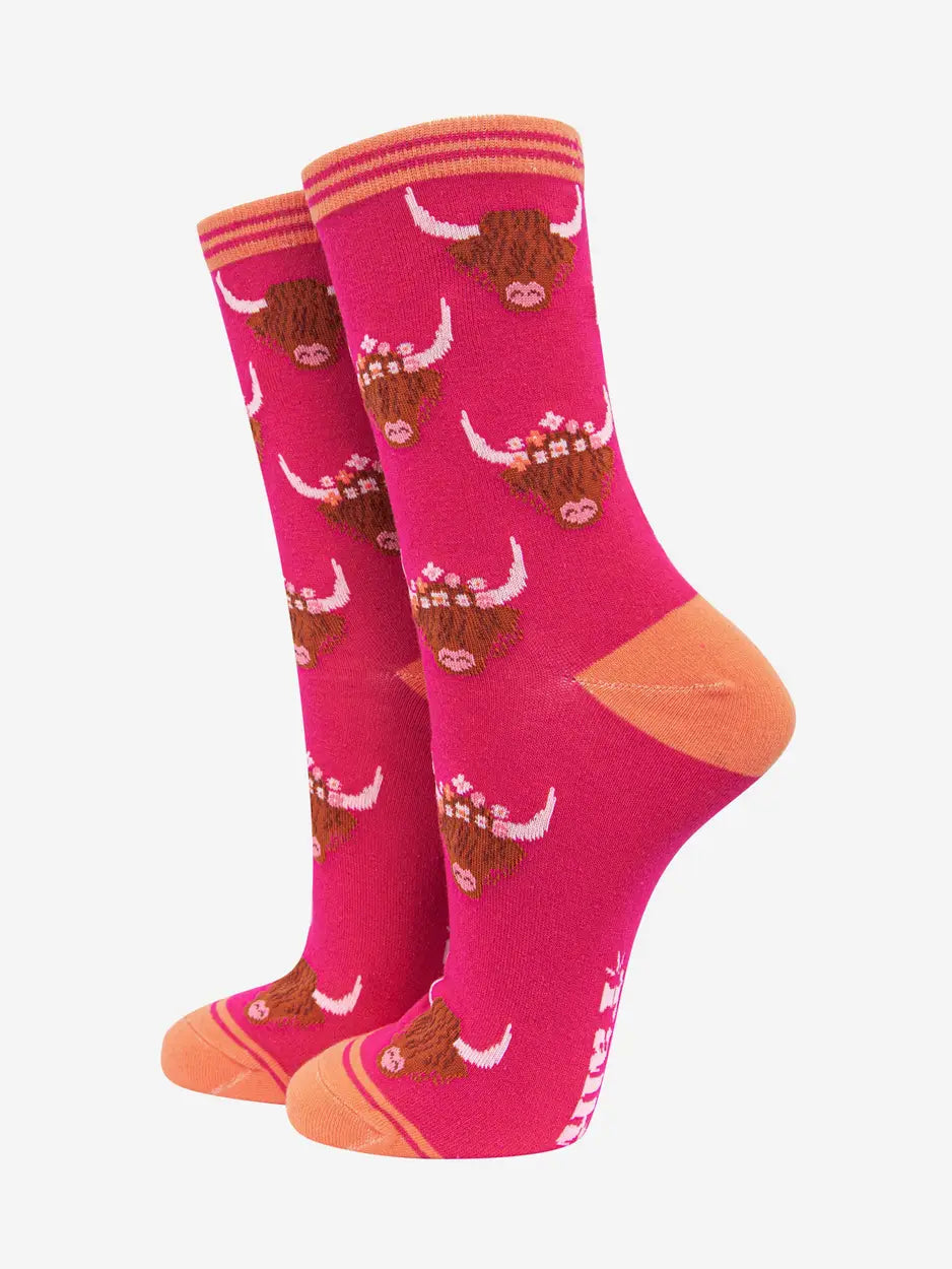 Women's Bamboo Socks - Pink, Highland Cow