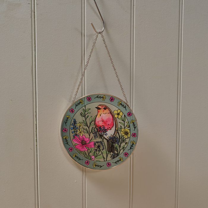 Garden Birds Robin Stained Glass Hanger with Gift Box