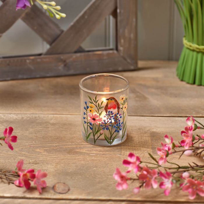 Garden Birds Hand Painted Robin and Flowers Glass Tealight Holder