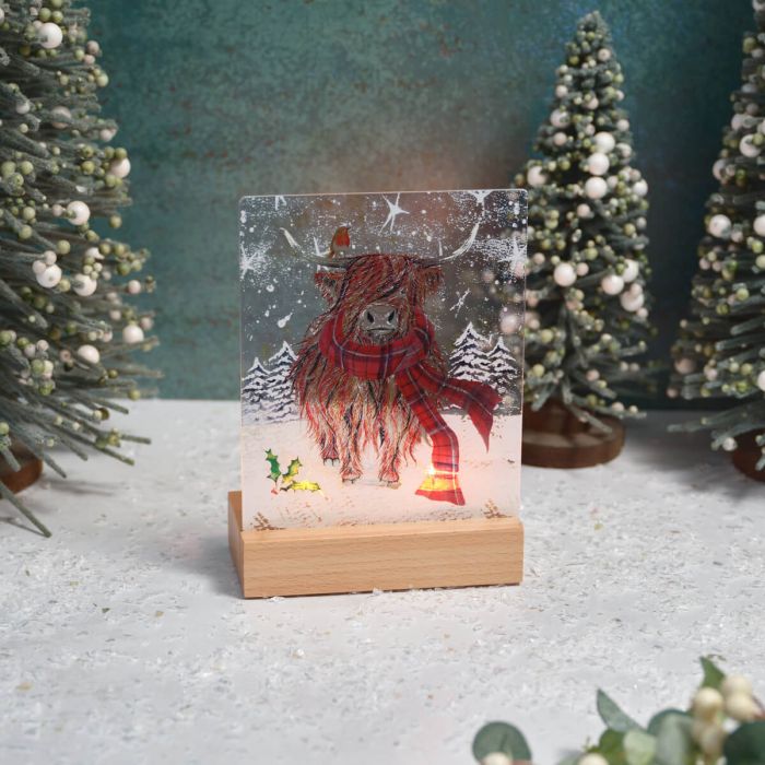 Stained Glass Highland Cow with Tartan Scarf Tealight Holder
