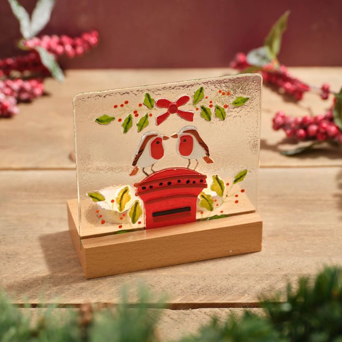 Fused Glass Robins on Postbox Tealight Holder