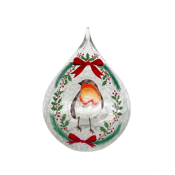 Robin Glass Teardrop LED Ornament