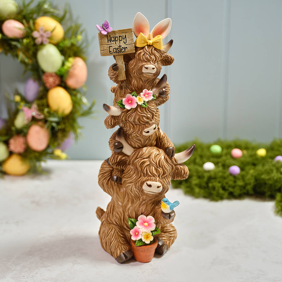 Resin Highland Cow Stacking Trip with "Happy Easter" sign