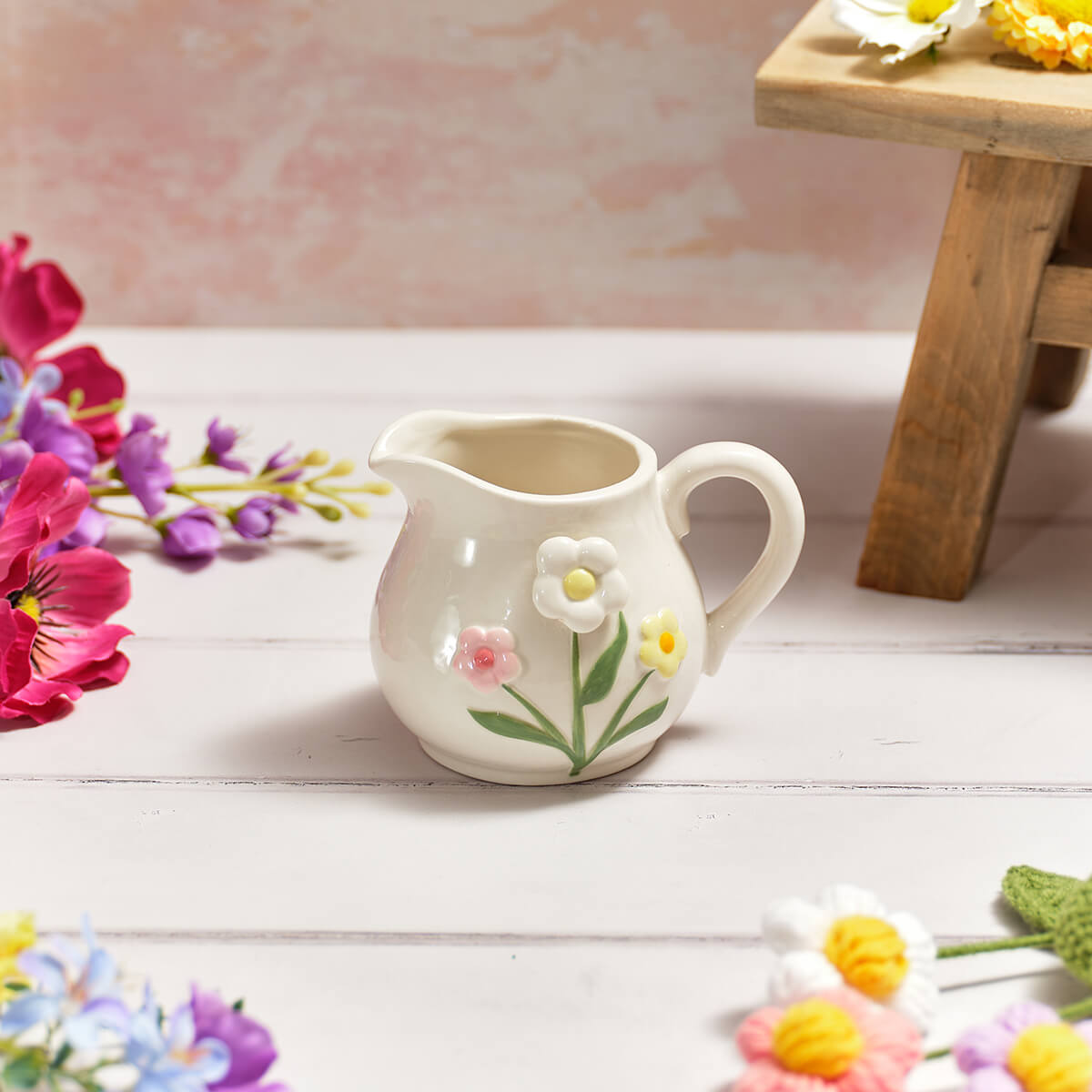 Small Stoneware Decorative Jug with 3D Flower Heads