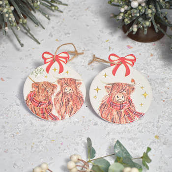 Highland Cow with Tartan Scarf Ceramic Bauble Shaped Hanger