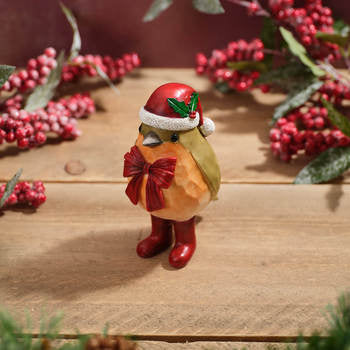 Robin with Bow, Santa Hat and Red Boots Resin Ornament