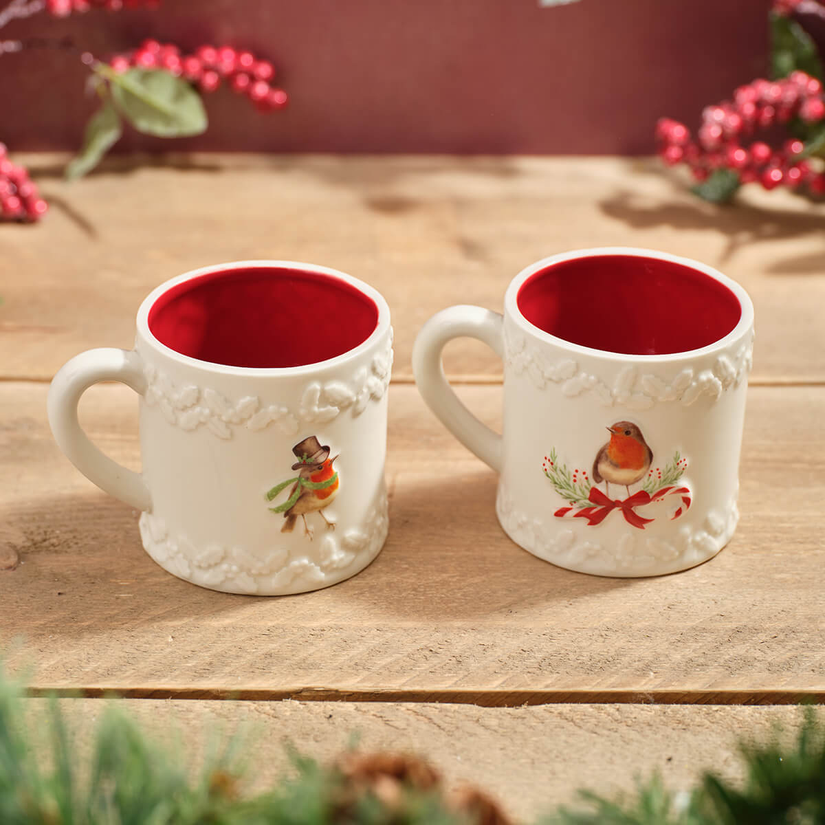 Robin Embossed Stoneware Mug with Red Inner