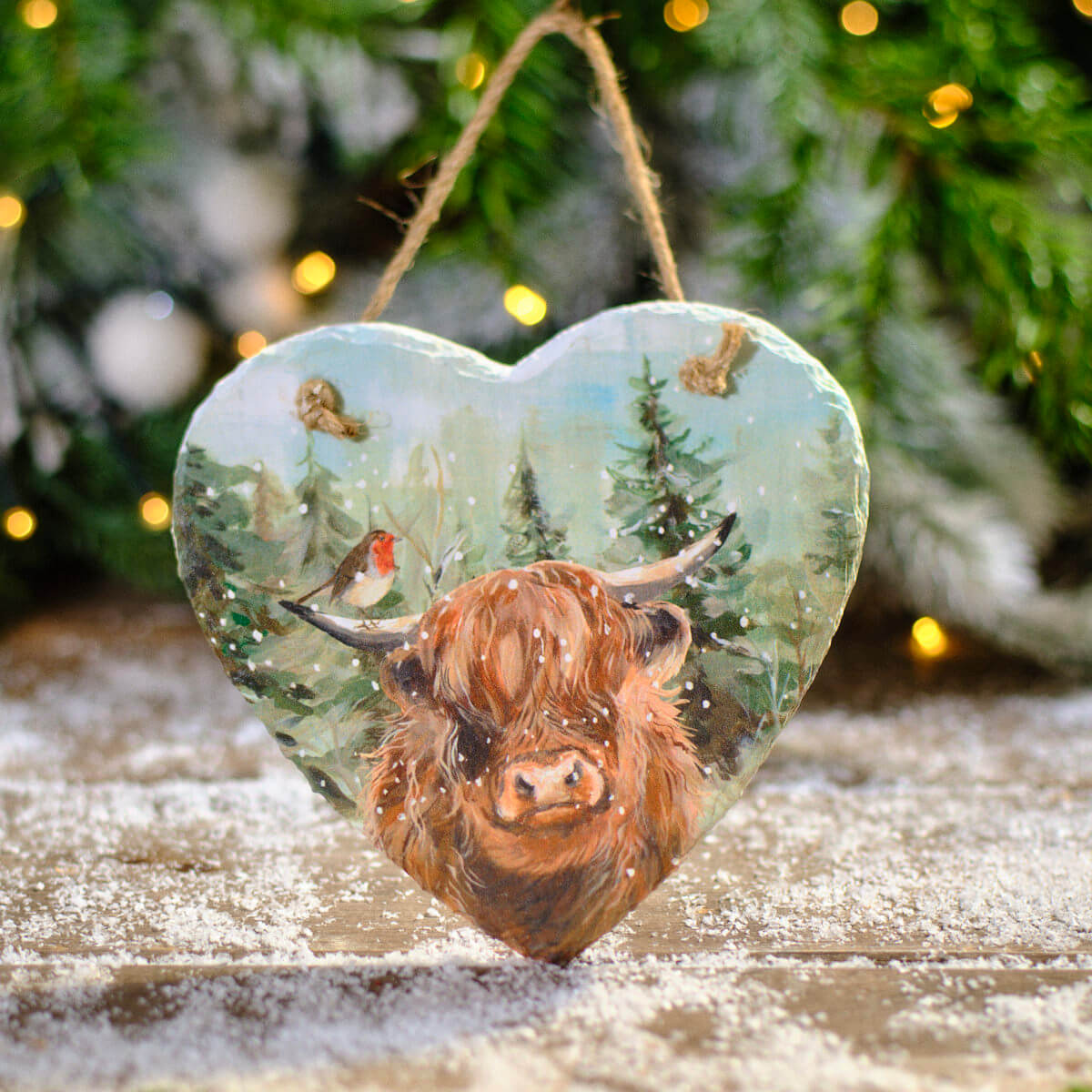 Frosted Highland Cow Hanging Slate Heart