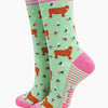 Women's Bamboo Socks - Green, Highland Cow Floral Meadow