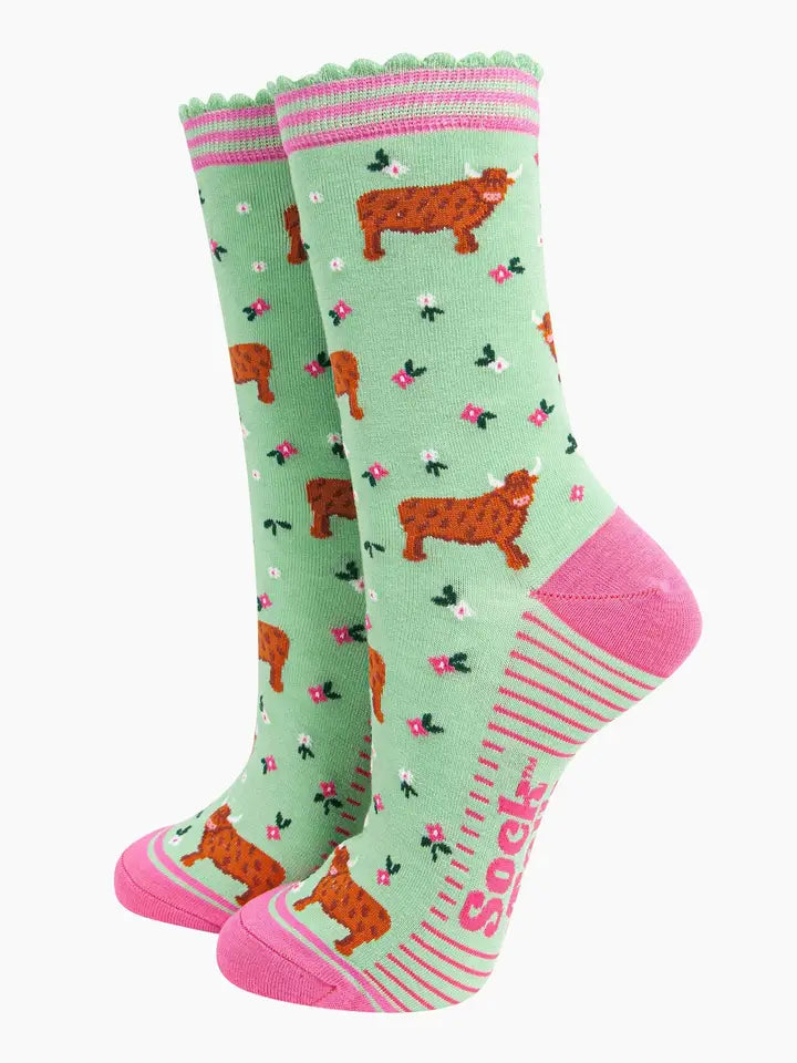 Women's Bamboo Socks - Green, Highland Cow Floral Meadow