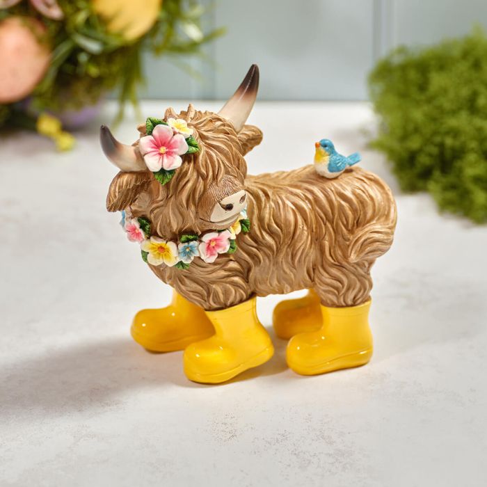 Standing Resin Highland Cow with Wellies, Hat and Flowers