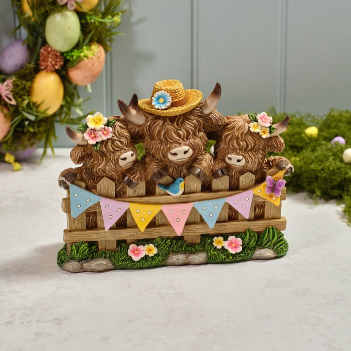 Highland Cow Trio with Fence and Flowers Ornament