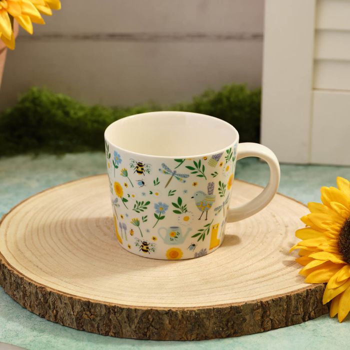 Bee Flower and Bird Pattern Stoneware Mug