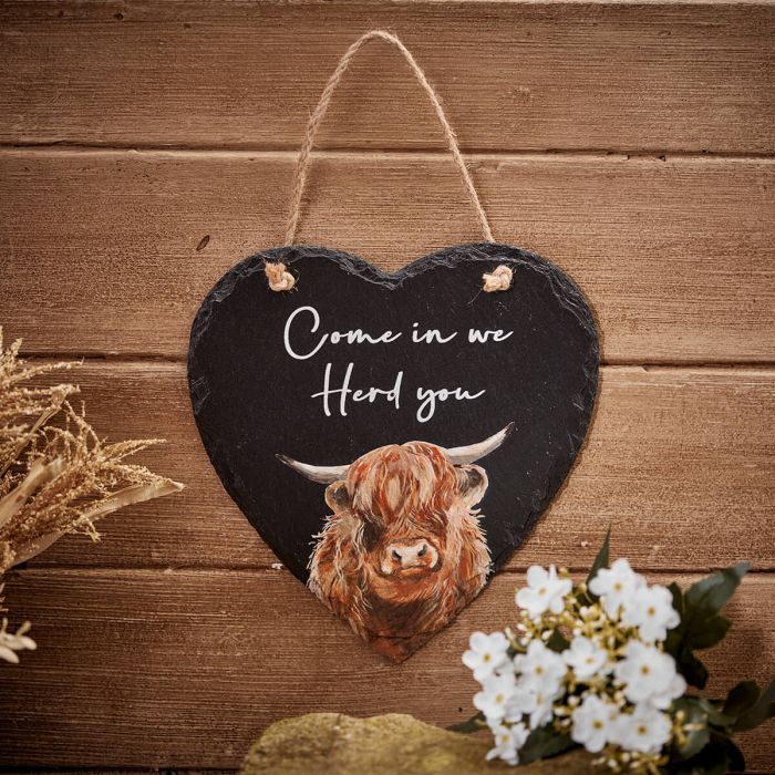 Dougal Highland Cow Slate Heart Hanger
