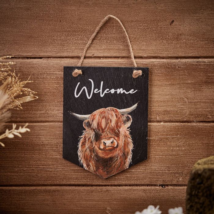 Dougal Highland Cow Slate 'Welcome' Plaque