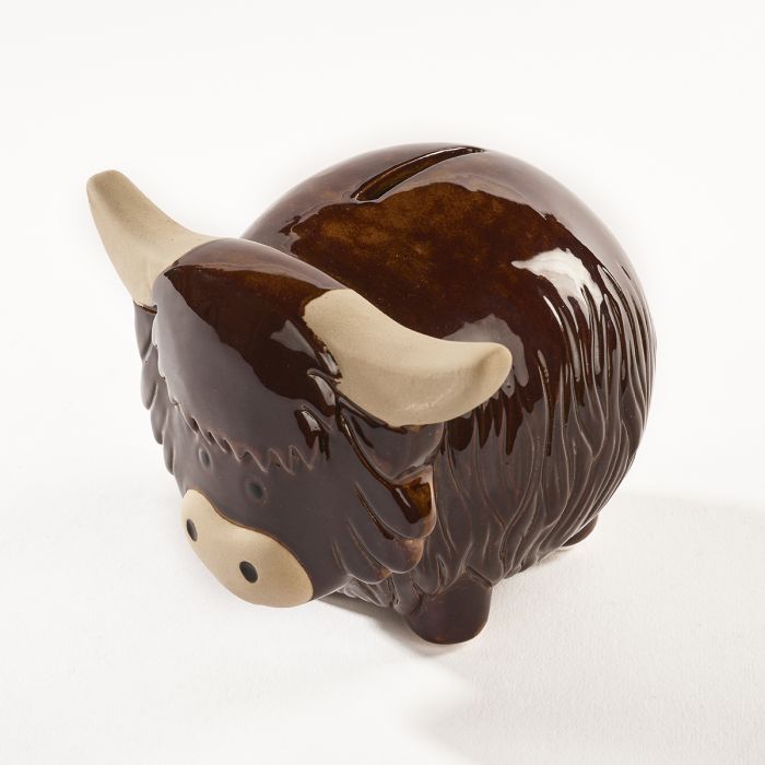 Highland Cow Money Pot Brown Stoneware with Cream Horns